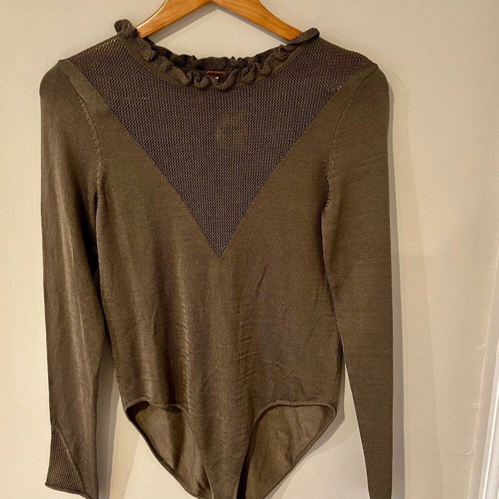 Free People Intimately Free Ruffle Long Sleeve Bodysuit NWT Moss Size Medium